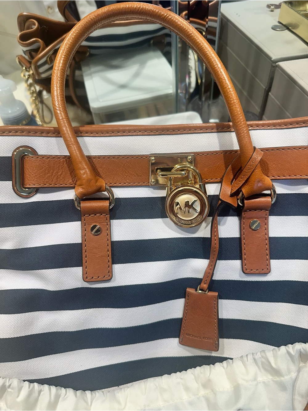 Michael Kors Large Hamilton Navy Blue & White Striped Canvas Tote w/Leather Trim
